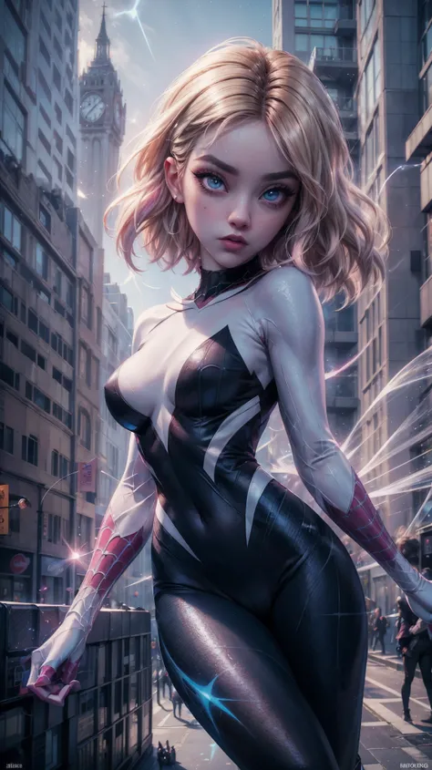 from below, VERY CLOSE, portrait close to the face, raw,  Young Girl, pale skin, 1.70 meters in height, gwen stacy, with blond hair with pink highlights, by the bob style, big eyes cristalinos,  shiny blue eyes , shiny eyeliner, she is dressed as a spider ...