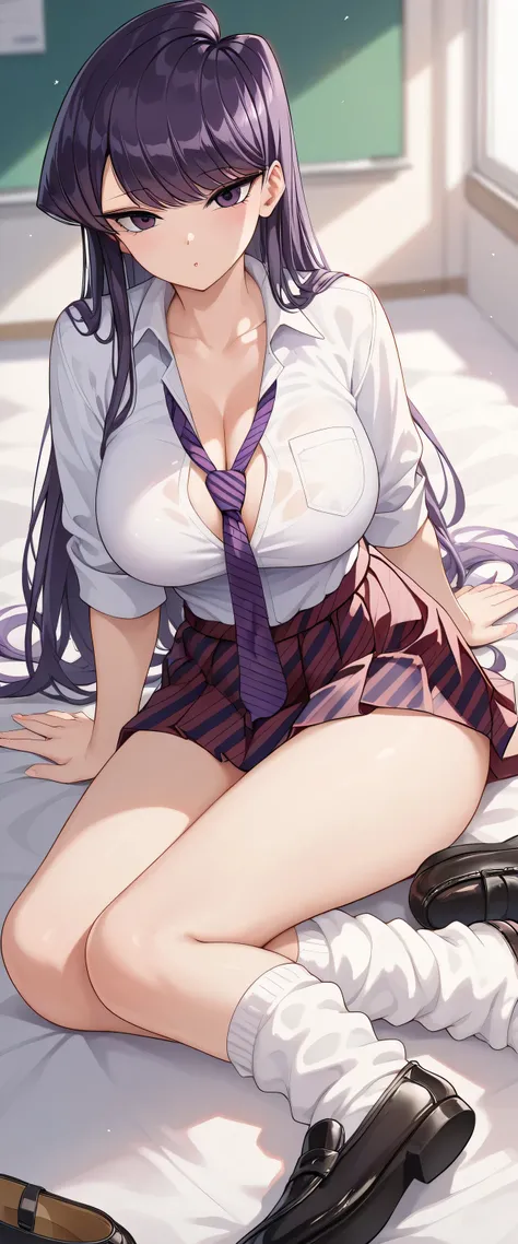 Komi Shouko, 1girl, solo, purple hair, purple eyes, long hair, large breasts, cleavage, skirt, necktie, socks, loose socks, school uniform, shoes, white socks, blue necktie, white shirt, shirt, black footwear,