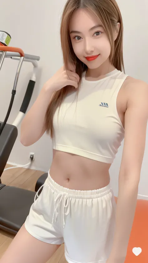 A young woman ， golden curls，She is wearing a white short sports top and white sports shorts with green striped edges。Her hair is long and straight，Fair skin，with orange-red lipstick， with a smile，She looks very friendly。Her eyes are big and smart，She is l...