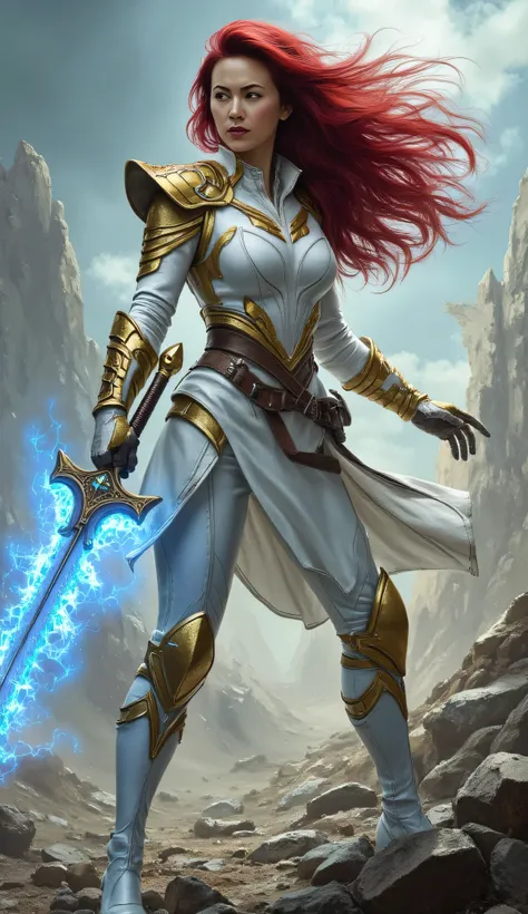 beautiful photograph of a Jessica Henwick as Colleen Wing, fierce warrior, long flowing red hair, standing, battle-ready pose, rocky shattered battlefield, form-fitting white and gold armored suit adorned with intricate patterns, wields a glowing blue ener...