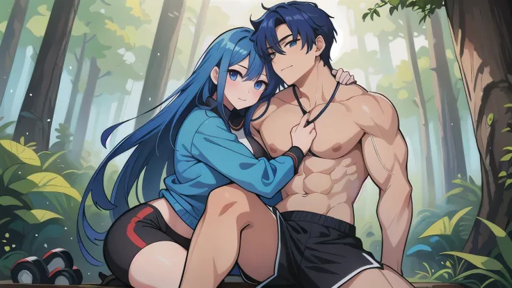 big muscular blue-haired man sitting in the forest, holding a dumbbell with his left arm, a girl sitting on his leg and hugging his right arm and looking at him with lust in her eyes, manhwa style