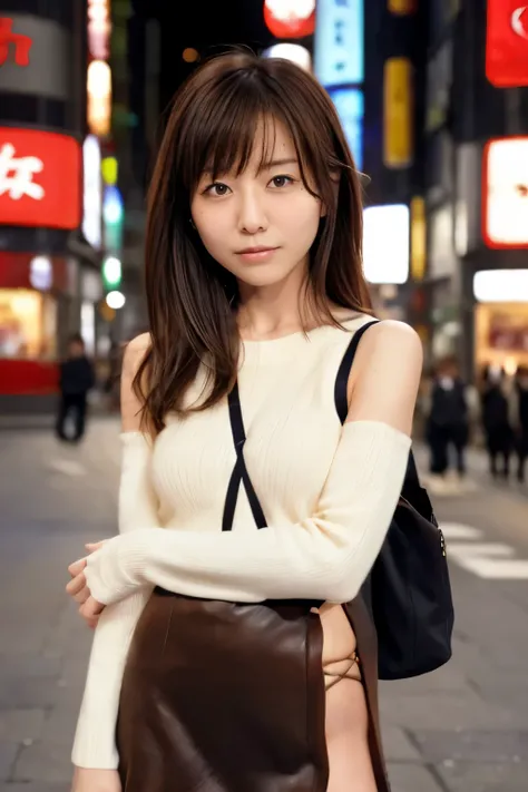 Product quality, 1 girl, Cowboy Shot, Front view, Young and pretty girl in Japan, At night, wearing a fashionable knit sweater, Wearing a mini skirt, (View your audience:1.2), (Looking into the camera:1.5), ((In the city of Ginza)), Super cute face, Glossy...
