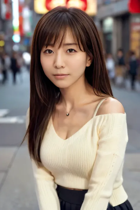 Product quality, 1 girl, Cowboy Shot, Front view, Young and pretty girl in Japan, At night, wearing a fashionable knit sweater, Wearing a mini skirt, (View your audience:1.2), (Looking into the camera:1.5), ((In the city of Ginza)), Super cute face, Glossy...