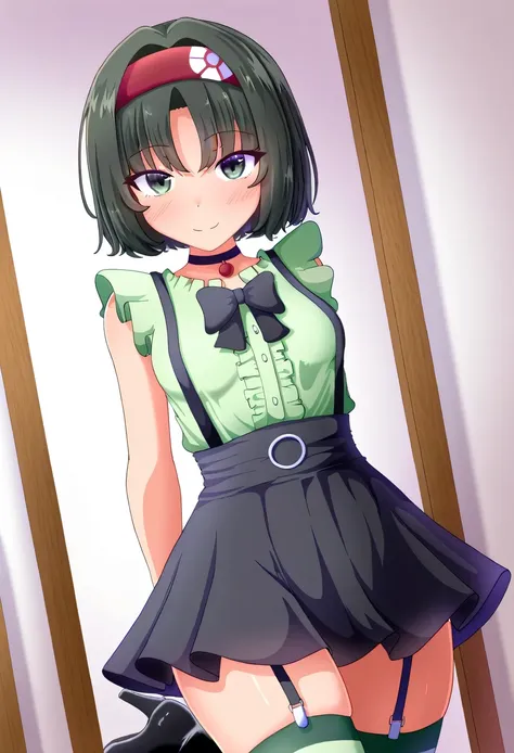 Erika_(pokemon), 1girl, solo, bob_cut, short_hair, black_hair, parted_bangs, hairband, red_hairband, grey_eyes, eyelashes, smile, seductive_smile, jirai_kei, shirt, green_shirt, frilled_shirt, sleeveless_shirt, sleeveless, center_frills, bow, bowtie, black...