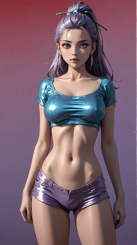 master piece:1.5、(minimal art, line drawing), 1 young korean girl,solo,Light purple hair, Blue Background,huge breasts, tight blue metallic tube top, purple metallic short shorts, underboob, High Ponytail,Unbelievably long hair,cowboy shot , looking at vie...