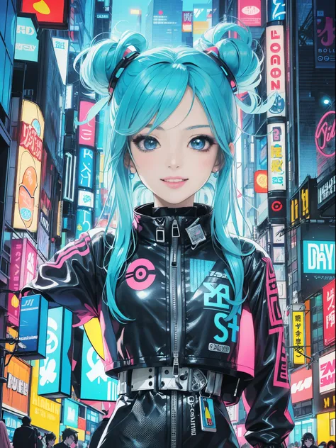 An anime  illustration of a woman with a penis  of 2 happy cyberpunk girls, confident cyberpunk girl with a smile, ((Harajuku Pop Outfits and Tech Jackets )), bold colors and patterns, Eye-catching accessories ,  trendy and innovative hairstyles, Brilliant...