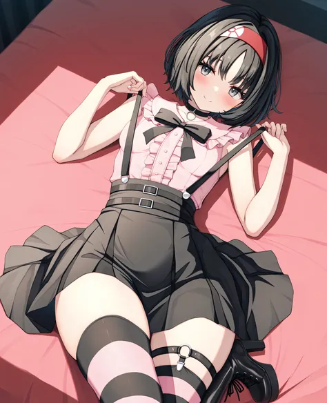 Erika_(pokemon), 1girl, solo, bob_cut, short_hair, black_hair, parted_bangs, hairband, red_hairband, grey_eyes, eyelashes, smile, seductive_smile, jirai_kei, shirt, pink_shirt, frilled_shirt, sleeveless_shirt, sleeveless, center_frills, bow, bowtie, black_...