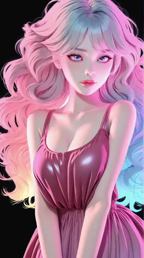 One asian girl, Medium Hair, silver hair, Pink long dress, pink Bunny ears , She has large expressive pink eyes,Backlight, Black Light, Beautiful fine details, Beautiful lip detail, Beautifully detailed face, Long eyelashes, Glowing Skin, Mysterious, Myste...