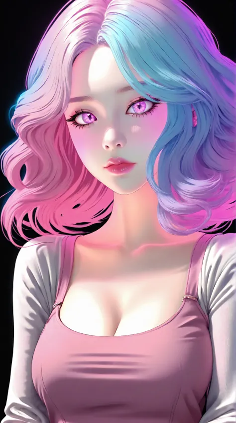 One asian girl, Medium Hair, silver hair, Pink long dress, pink Bunny ears , She has large expressive pink eyes,Backlight, Black Light, Beautiful fine details, Beautiful lip detail, Beautifully detailed face, Long eyelashes, Glowing Skin, Mysterious, Myste...