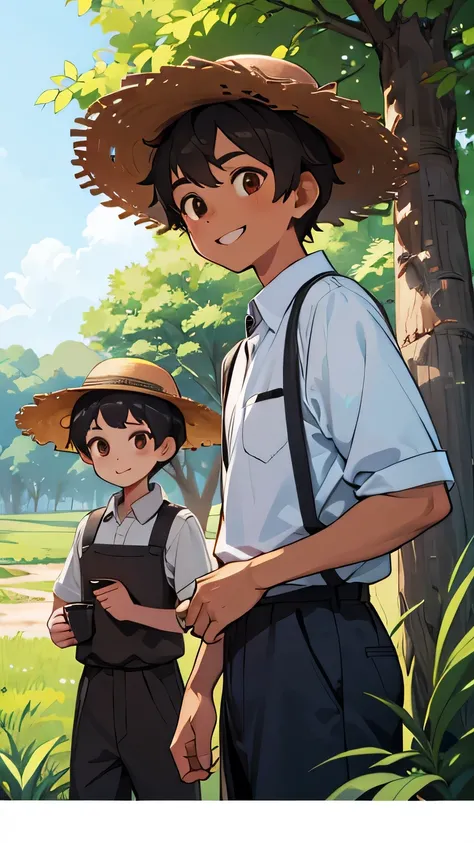 Brown-skinned boys, smiling, with big brown eyes. Short, disheveled hair. They wear straw hats. Dressed in old country clothes. Looking at the screen, surrounded by nature.