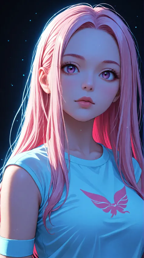 One asian girl, Medium Hair, silver hair, Pink long dress, pink Bunny ears , She has large expressive pink eyes,Backlight, Black Light, Beautiful fine details, Beautiful lip detail, Beautifully detailed face, Long eyelashes, Glowing Skin, Mysterious, Myste...