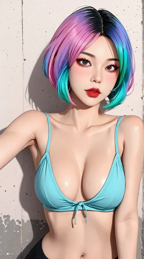 one girl, An ennui look、Upper body angle、 concrete background、bob cut、 short hair, colorful hair, compensate, parted lips, red lips, eyeliner grain, a black and white photo:1.3、RAW photo)))、highest quality、ultra high resolution、masterpiece、background blur,...