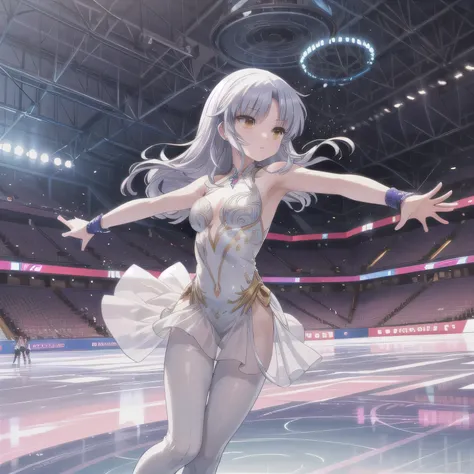 Depict a 20-year-old, stunningly beautiful woman gracefully gliding across the ice in a grand skating arena. She wears an elegant and intricately designed figure skating dress, adorned with shimmering details that reflect the arena lights. Her expression i...