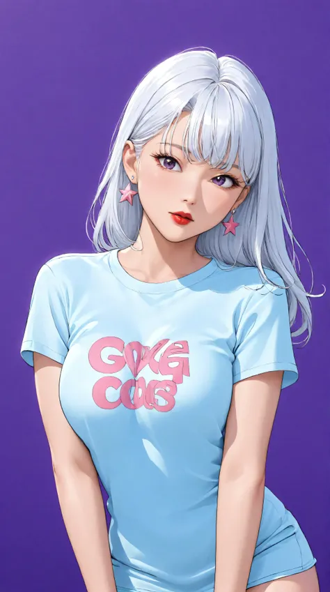 style retro classic, illustrated anime, A beautiful korean girl with white hair, big purple eyes, red lips, big breasts, and very pronounced cleavage stands facing viewer, kpop superstar, (ulzzang), manga, anime, no background, purple background, blue back...