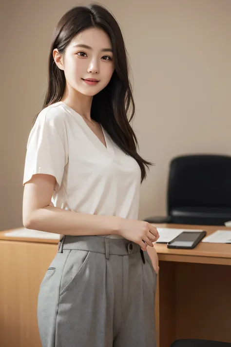 simple office casual、A 28-year-old Japanese woman in a shortcut、Working in a Japanese Office、Extremely Beautiful Japanese Woman Portrait、( RAW photo、highest quality)、(realistic、realistic：1.4)、(masterpiece)、very delicate and beautiful、Detailed 2K Wallpaper、...