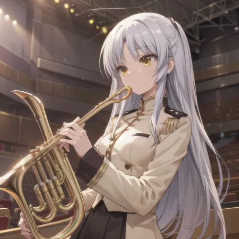 Depict a 20-year-old, dazzlingly beautiful woman playing a brass instrument in a grand concert hall. She wears an elegant yet practical band uniform, designed with intricate gold embroidery. Her posture is poised, fingers positioned with precision, her eye...