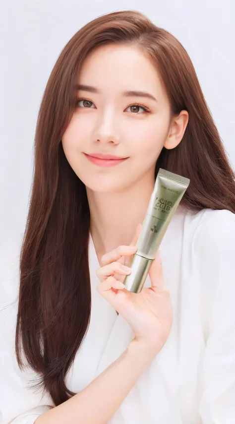 (((masterpiece))),((bestquality)),8k,high detailed,ultra-detailed, arafed woman holding a tube of cream and a tube of cream, popular south korean makeup, popular korean makeup, jaeyeon nam, jinyoung shin, with shiny skin, innocent look, heonhwa choe, deta...