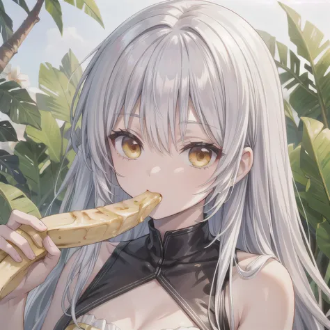 She is holding a banana with its peel partially removed, revealing the white fruit inside. She is eating the exposed white part. Silver hair, long hair, pale skin, gold eyes. 