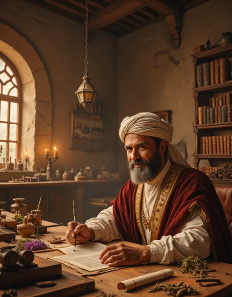 **Prompt:** Imagine a vivid tapestry of medieval medicine within a historic hospital that feels like a gateway to another era. This enchanting space is filled with ancient medical instruments, towering shelves of timeworn herbs, and the soft flicker of can...