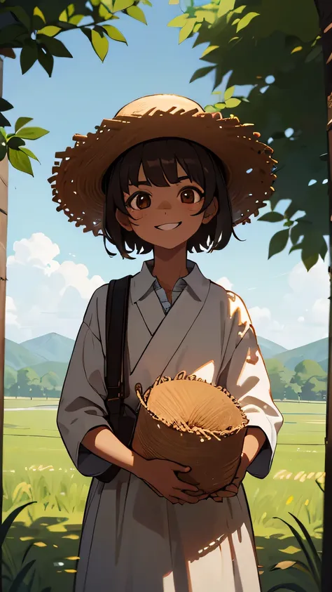 Brown-skinned ren, smiling, with big brown eyes. Short, disheveled hair. They wear straw hats. Dressed in old country clothes. Looking at the screen, surrounded by nature.