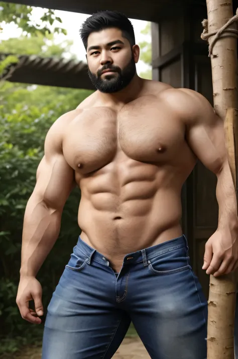 Age 34、Oriental、I have strength in my eyes、thick straight nose、Natural Macho、wild face、Long face、straight thick eyebrows、 beard 、straight blue jeans、large bulging crotch、 shirtless、My nipples are big、are the size of a grape and stick out、shortcut、２ all red...