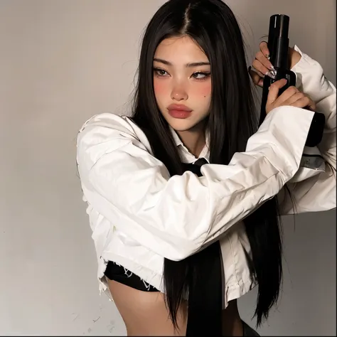 where is hannah? segurando uma arma e posando para uma foto, where is hannah?, com pistola, where is hannah? as a supervillain, com rifle, cruel korean goth girl, plain white tight-fitting suit,   Korean, fotografia de where is hannah? shooting pose, where...