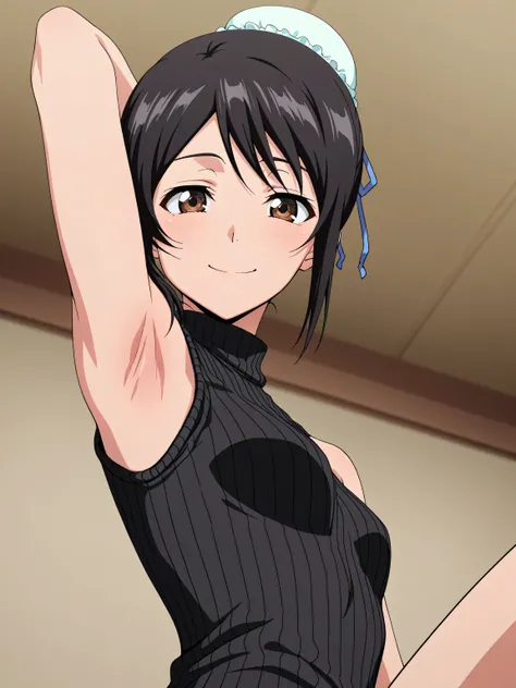 masterpiece, best quality, amazing quality, anime screencap, anime coloring, 1girl, solo, momohinamori, black hair, single hair bun, bun cover, brown eyes, small breasts, black sweater, sleeveless sweater, ribbed sweater, turtleneck, sleeveless, bare shoul...