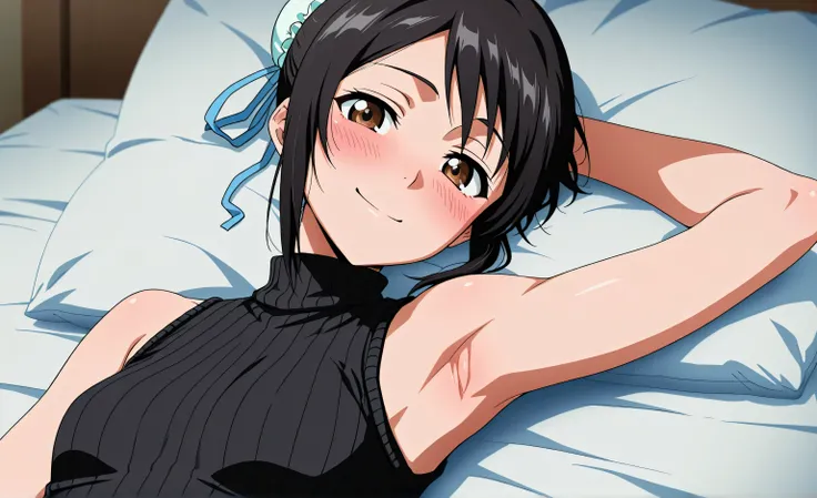 masterpiece, best quality, amazing quality, anime screencap, anime coloring, 1girl, solo, momohinamori, black hair, single hair bun, bun cover, brown eyes, small breasts, black sweater, sleeveless sweater, ribbed sweater, turtleneck, sleeveless, bare shoul...