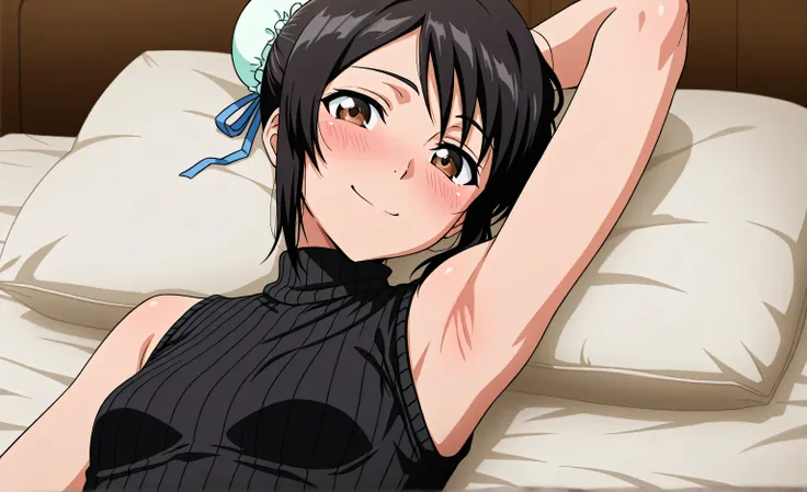 masterpiece, best quality, amazing quality, anime screencap, anime coloring, 1girl, solo, momohinamori, black hair, single hair bun, bun cover, brown eyes, small breasts, black sweater, sleeveless sweater, ribbed sweater, turtleneck, sleeveless, bare shoul...