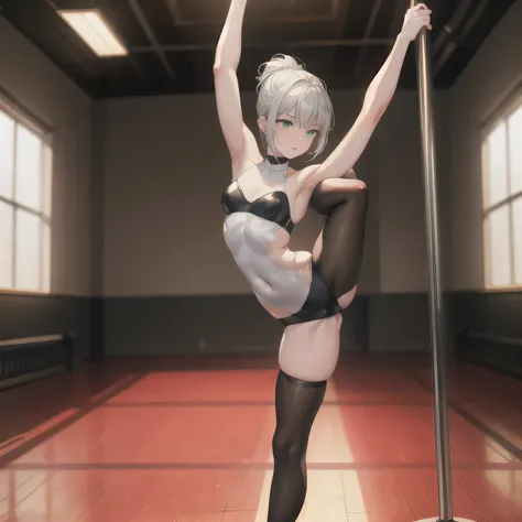 Depict a 20-year-old, exceptionally beautiful woman performing an artistic pole dance routine in a sleek, modern dance studio. She wears an elegant, form-fitting dance outfit that enhances her graceful movements. Her body is in a stunning inverted pose, on...