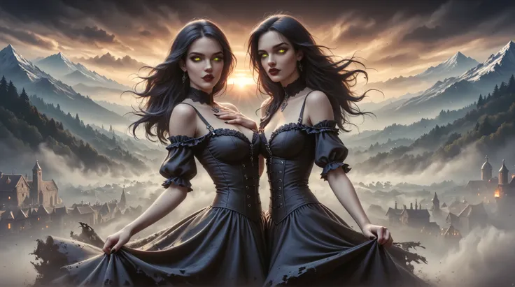 Realistic Gothic Drawing,  dark tones .  details, runs away from the mountain High quality,  realism. Clear drawing. Naked Nazgul poses erotically in the cemetery; Glowing eyes, 30 years old, Salma Hayek Face, Slim figure,  chest 3 размера, Short transluce...