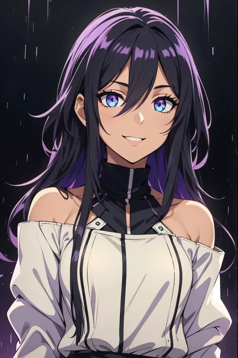 (high-quality, breathtaking),(expressive eyes, perfect face) 1girl, female, solo, young adult, long hair, dark purply black hair color, purple lighting in hair, spiky hair, bright blue eye color, black background, neutral expression, cute smile, Symmetrica...