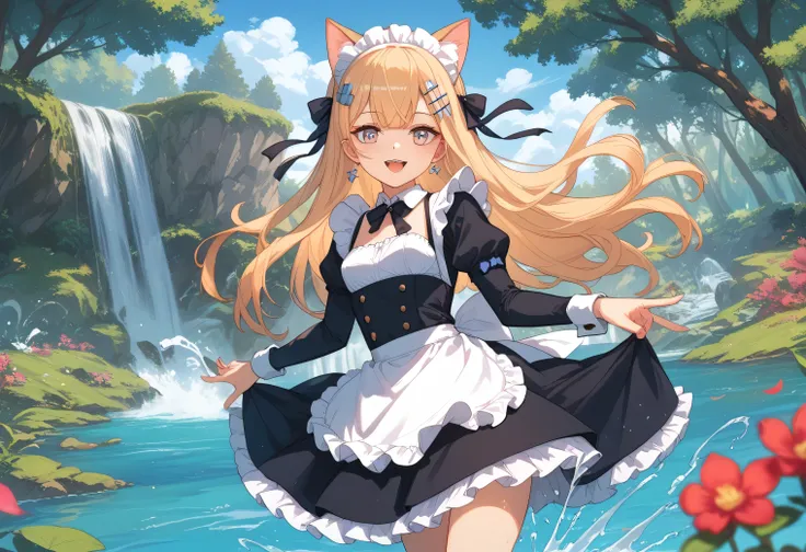 Anime girl in a short skirt, Sexy maid in the magical forest,  anime girl in maid clothes,  splash art anime loli, anime cat girl in maid costume, Magical Forest Maid,  Beautiful Maid , Krashert Krentzky art feminine, Fine details.  girls frontline , 