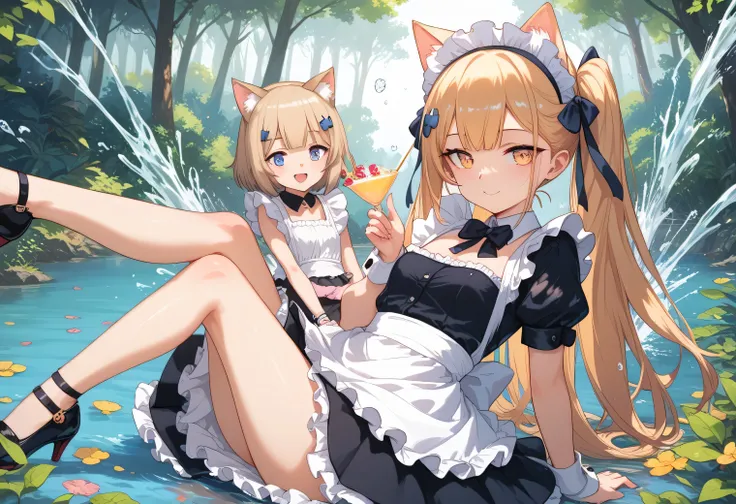 Anime girl in a short skirt, Sexy maid in the magical forest,  anime girl in maid clothes,  splash art anime loli, anime cat girl in maid costume, Magical Forest Maid,  Beautiful Maid , Krashert Krentzky art feminine, Fine details.  girls frontline , 