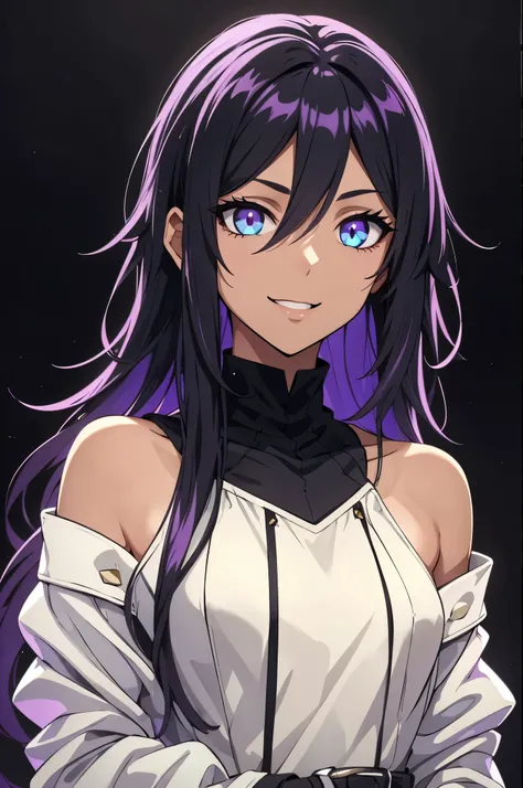 (high-quality, breathtaking),(expressive eyes, perfect face) 1girl, female, solo, young adult, long hair, dark purply black hair color, purple lighting in hair, spiky hair, bright blue eye color, black background, neutral expression, cute smile, Symmetrica...