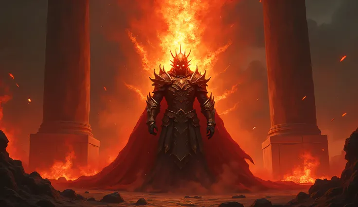 The painting depicts a mysterious figure, enveloped in an aura that is both noble and destructive. On top of them, Flames burn, is not only a symbol of power but also as a radiant halo, diffuses ghostly red-orange light. The fire reflects on the crystal ar...