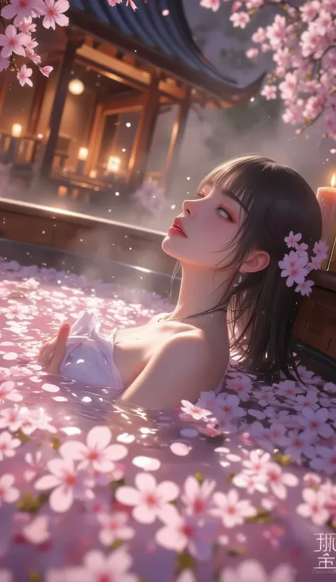 Masterpiece, Best Quality, Top Quality, Very Detailed, A beautiful anime girl with long, dark hair and pale lavender eyes, relaxing in a luxurious flower-filled hot spring at a traditional Chinese spa. The setting is peaceful, with cherry blossom petals fl...