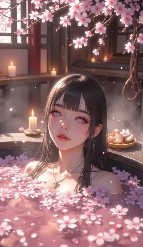 Masterpiece, Best Quality, Top Quality, Very Detailed, A beautiful anime girl with long, dark hair and pale lavender eyes, relaxing in a luxurious flower-filled hot spring at a traditional Chinese spa. The setting is peaceful, with cherry blossom petals fl...