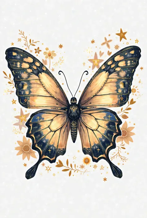 highly detailed and artistic butterfly with elegant, symmetrical wings, designed in a minimalist yet eye-catching style. The wings incorporate celestial elements (stars, moon, and galaxy patterns) with a soft glow. The butterfly is surrounded by subtle flo...