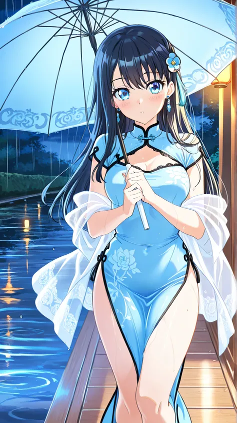 Masterpiece, Best Quality, Top Quality, Very Detailed, A beautiful woman with long, flowing black hair stands gracefully in the rain, holding a delicate blue umbrella adorned with raindrops. She wears an elegant Chinese-style dress (cheongsam/qipao) with i...