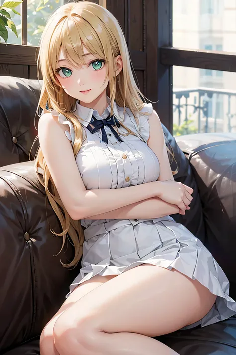  8k resolution,((highest quality)),Ultra High Resolution, Adult Female, alone,  sexy, (gentle smile), ( lime green eyes ), Beautiful Symmetrical Face, (blonde straight long hair hugging viewers' arms),sleeveless neck shirt,check miniskirt excluding the roo...