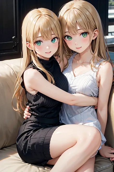  8k resolution,((highest quality)),Ultra High Resolution, Adult Female, alone,  sexy, (gentle smile), ( lime green eyes ), Beautiful Symmetrical Face, (blonde straight long hair hugging viewers' arms),sleeveless neck shirt,check miniskirt excluding the roo...