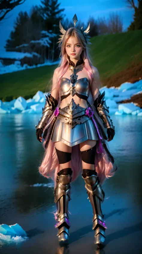 a close up of a person in a dress standing near a body of water,  ornate bikini armor ,  in monster hunter armor , de bravely default ii, Intricate costume, girl of armor,  scandalous costume armor  , armor reflected in the silver color of the ice, Shallte...