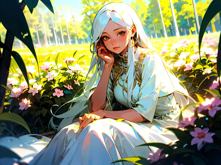  masterpiece,Best Quality, A girl with long white hair sits in a field of greenery and flowers, her hand under her chin , Warm light ,white dress,Blurred foreground,High Resolution, EXTREME DETAILS ,major,realistic,Vivid colors