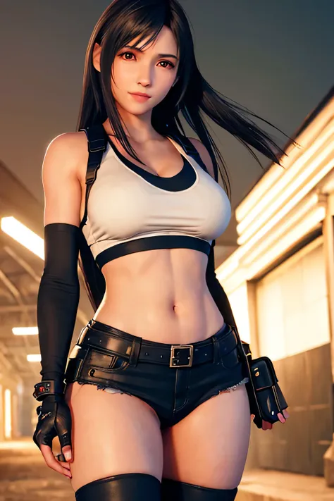 (, blush, 20yo, narrow eyes) (Photorealistic: 1.4), Solo, Top Quality, Very Delicate and Beautiful, High Definition, 1girl, tifa_lockhart, Smile, Cowboy Shot, ((Black Thong)), Low Rise, Mini Skirt, Tank Top, Tense Shirt, Black Hair, Long Hair, Elbow Gloves...