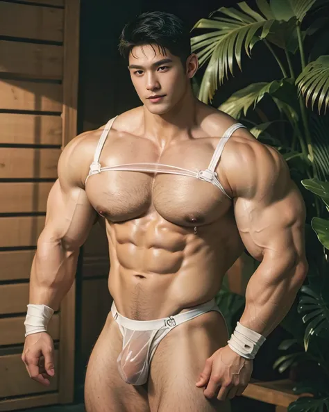 A strikingly handsome 28-year-old Korean young wrestler with an angelic face, resembling Korean actor. His features are distinctly Korean, with soft yet masculine contours, a fresh, youthful appearance, and captivating single eyelids that enhance his divin...