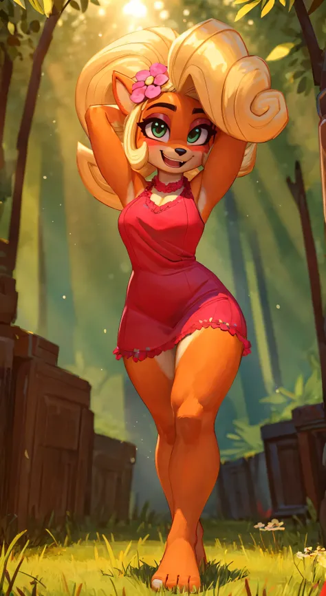 Coco bandicoot, [Uploaded to e621.net; (Pixelsketcher), (wamudraws)], ((masterpiece)), ((HD)), ((high res)), ((solo portrait)), ((full body)), ((front view)), ((furry; anthro)), ((detailed fur)), ((detailed shading)), ((beautiful render art)), {anthro; (sl...