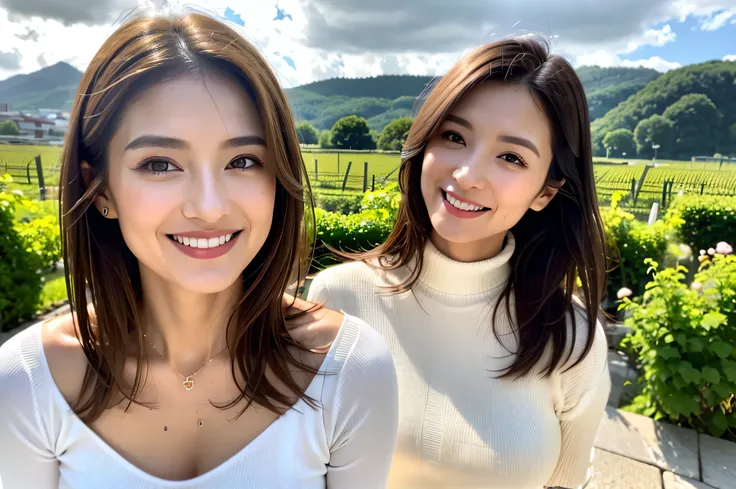 ((White Wine)),((   wine glasses)),(realistic, superrealistic:1.4), 16K HDR, high image quality,((White Wine)),((   wine glasses)),Age 34,Age 31,  Japanese Beauty  ,so beautiful,  Turtleneck Dress、happy smile、   short hair,   best smile、slim couple、Model C...