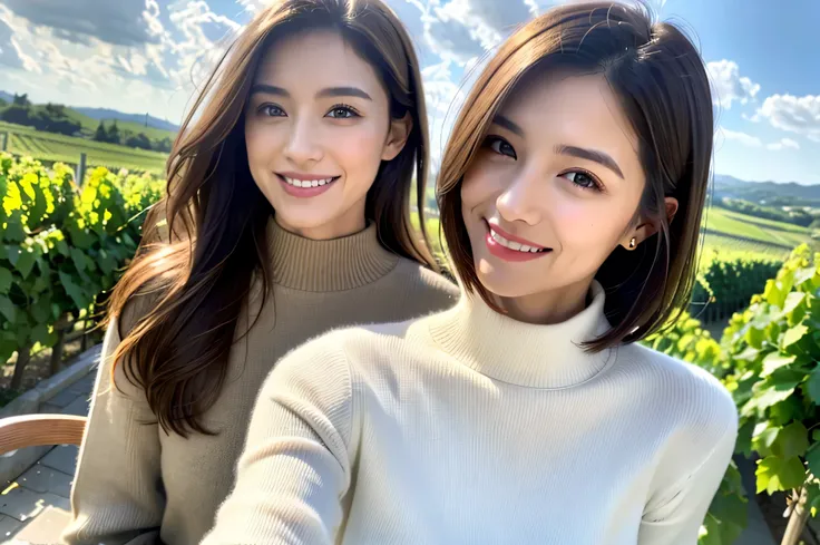 ((White Wine)),((   wine glasses)),(realistic, superrealistic:1.4), 16K HDR, high image quality,((White Wine)),((   wine glasses)),29 years old,Age 31,  Japanese Beauty  ,so beautiful,  turtleneck dress、happy smile、   short hair,   best smile、slim couple、M...