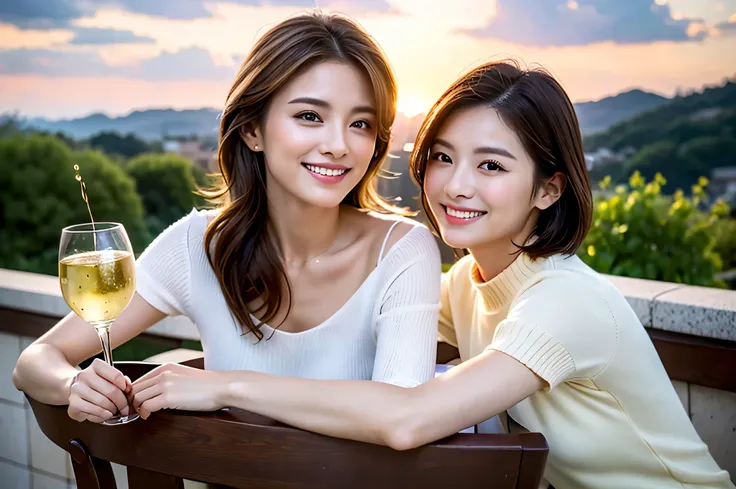 ((White Wine)),((   wine glasses)),(realistic, superrealistic:1.4), 16K HDR, high image quality,((White Wine)),((   wine glasses)),29 years old,Age 31,  Japanese Beauty  ,so beautiful,  turtleneck dress、happy smile、   short hair,   best smile、slim couple、M...